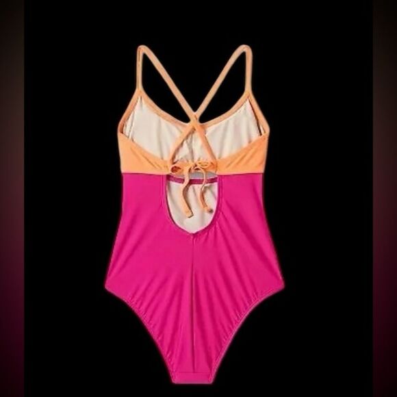 Women’s / juniors hot pink & sherbert cutout colorblock one piece swimsuit NWT L - Picture 4 of 4